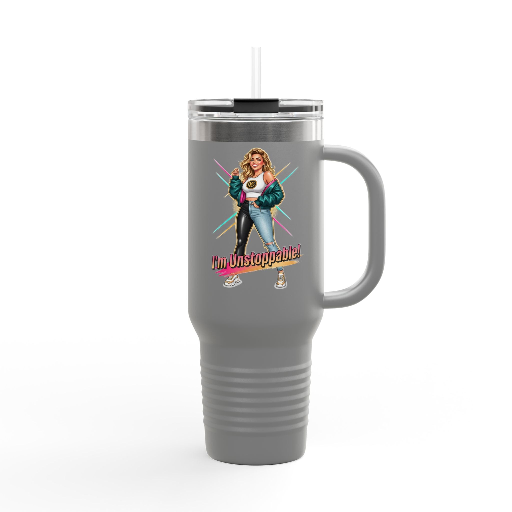 40oz Insulated Travel Mug — “I’m Unstoppable” Retro Fitness Graphic
