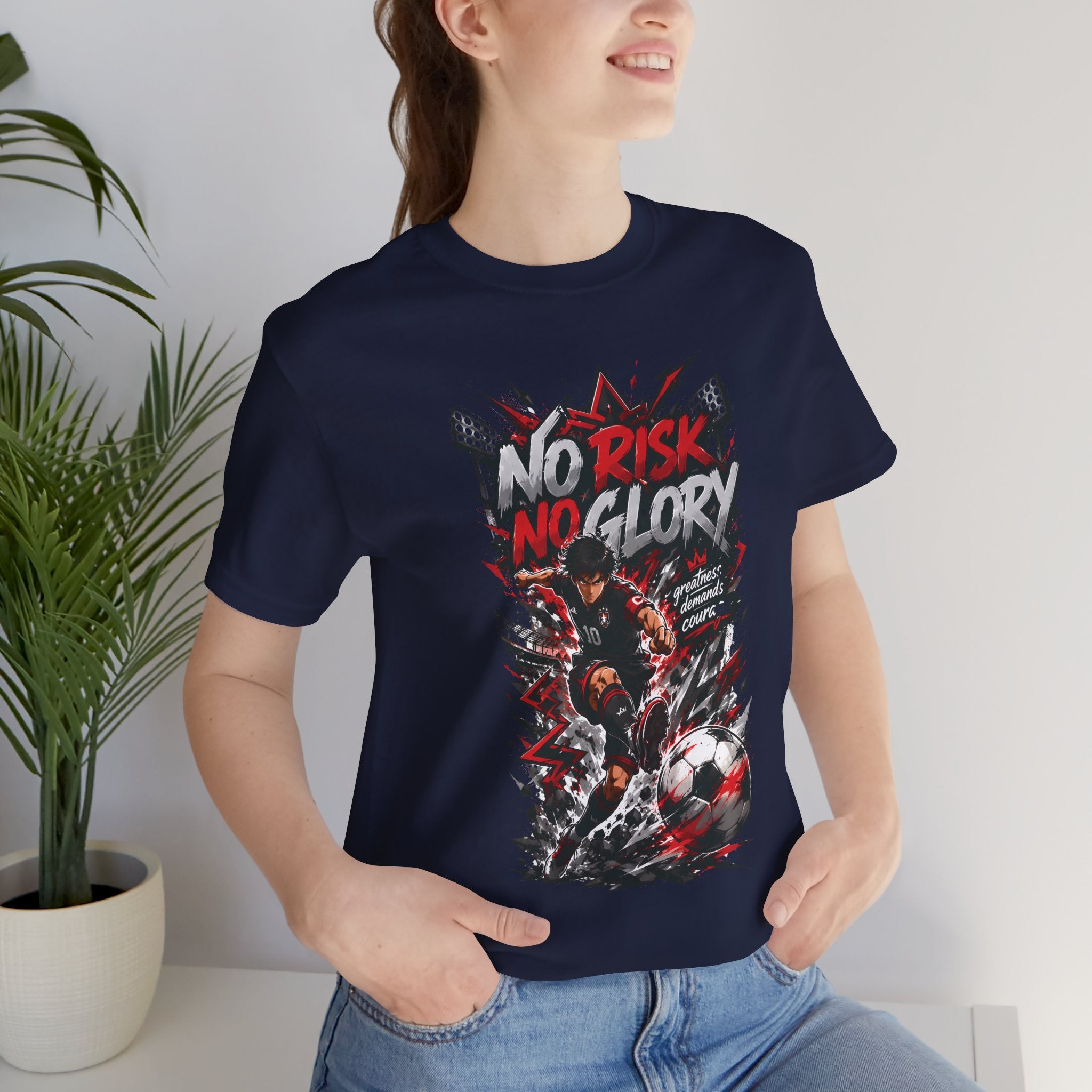 No Risk No Glory Soccer T-Shirt — Dynamic Football Player Graphic Tee