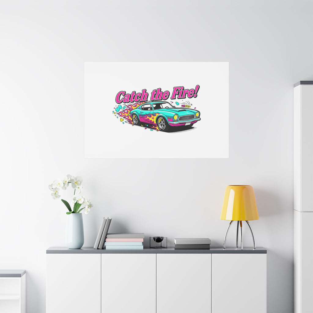Catch the Fire Retro Car Canvas | Cartoon Racing Flame, Vintage Car Illustration