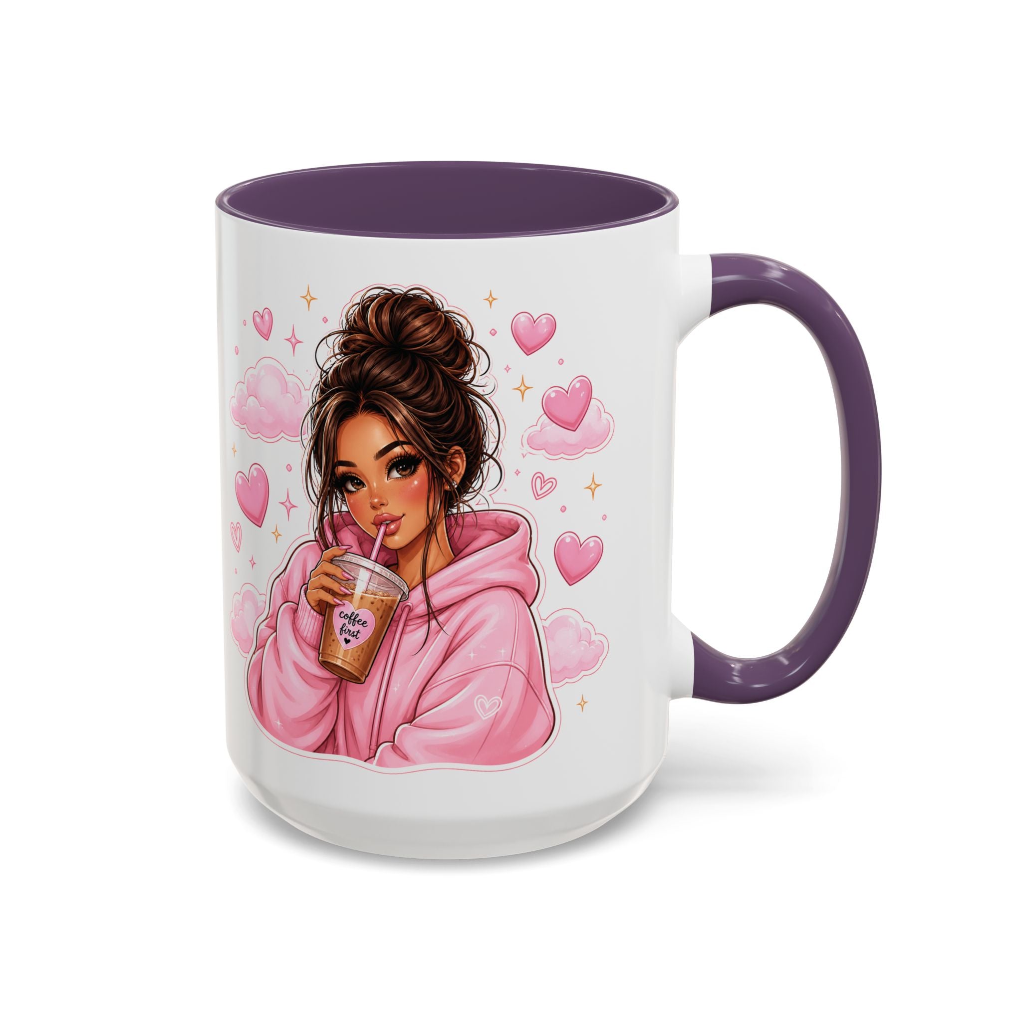 Cute Girl Pink Hoodie Coffee Mug — Iced Coffee Aesthetic Accent Mug (11/15oz)