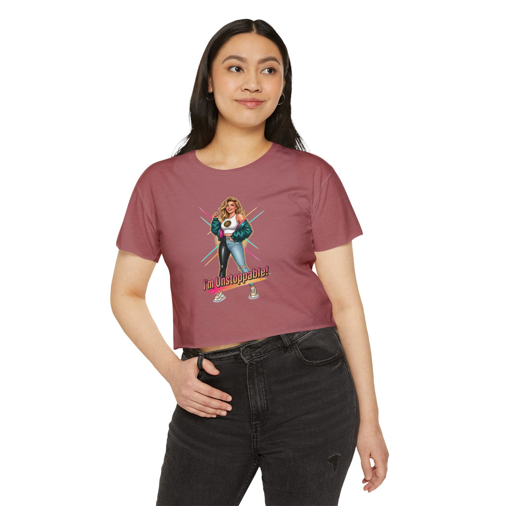 Women’s Festival Crop Top — “I’m Unstoppable!” Retro 80s Empowerment Tee