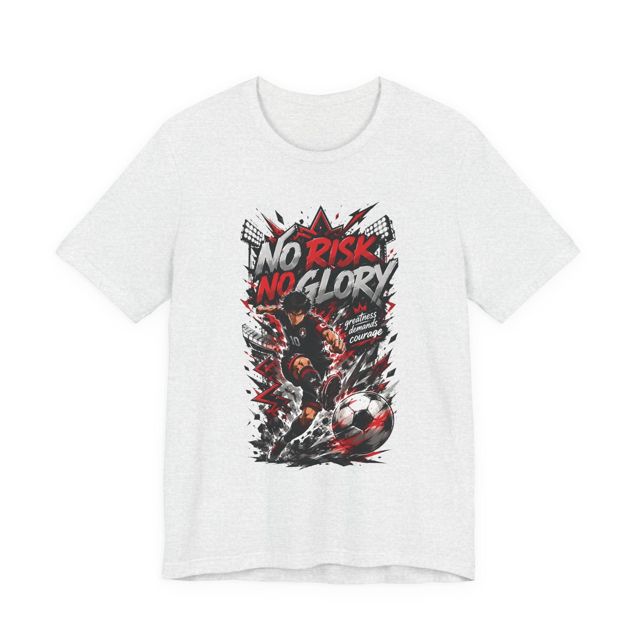 No Risk No Glory Soccer T-Shirt — Dynamic Football Player Graphic Tee