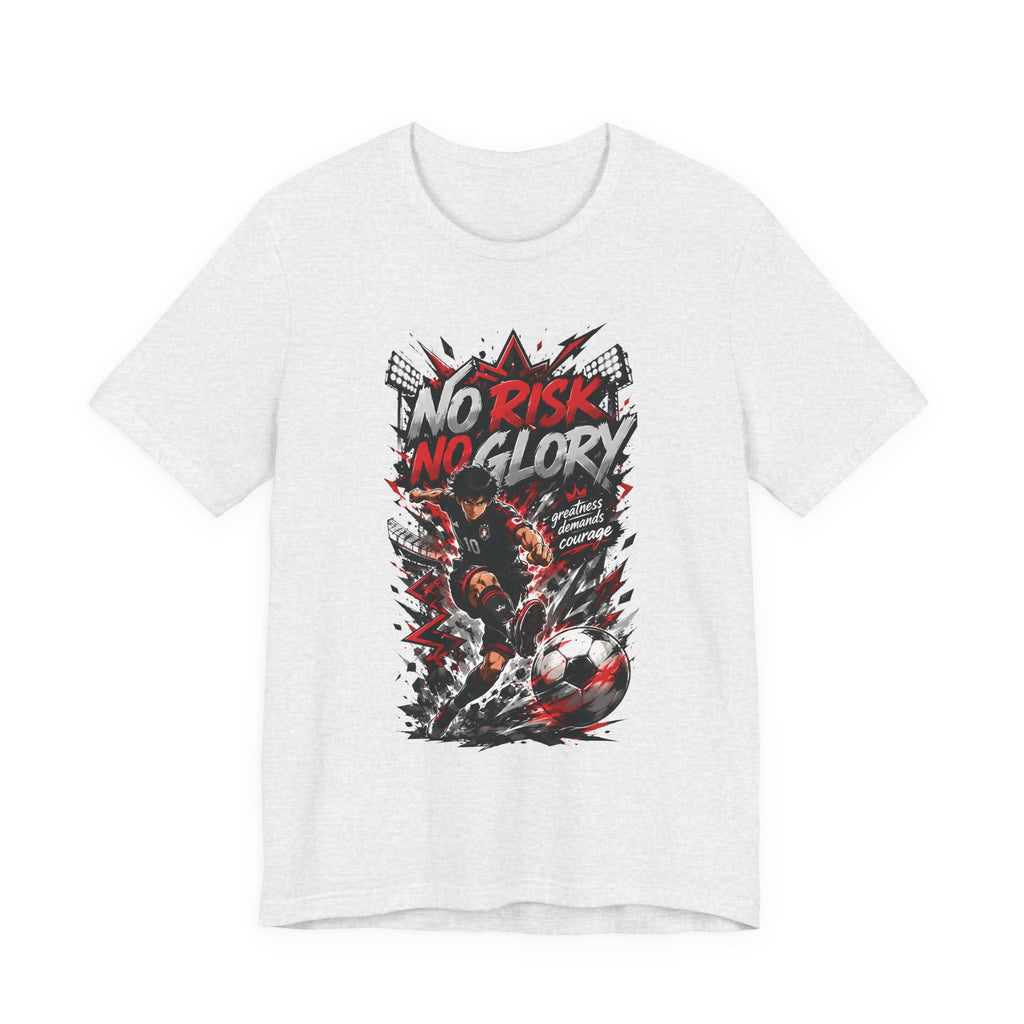 No Risk No Glory Soccer T-Shirt — Dynamic Football Player Graphic Tee