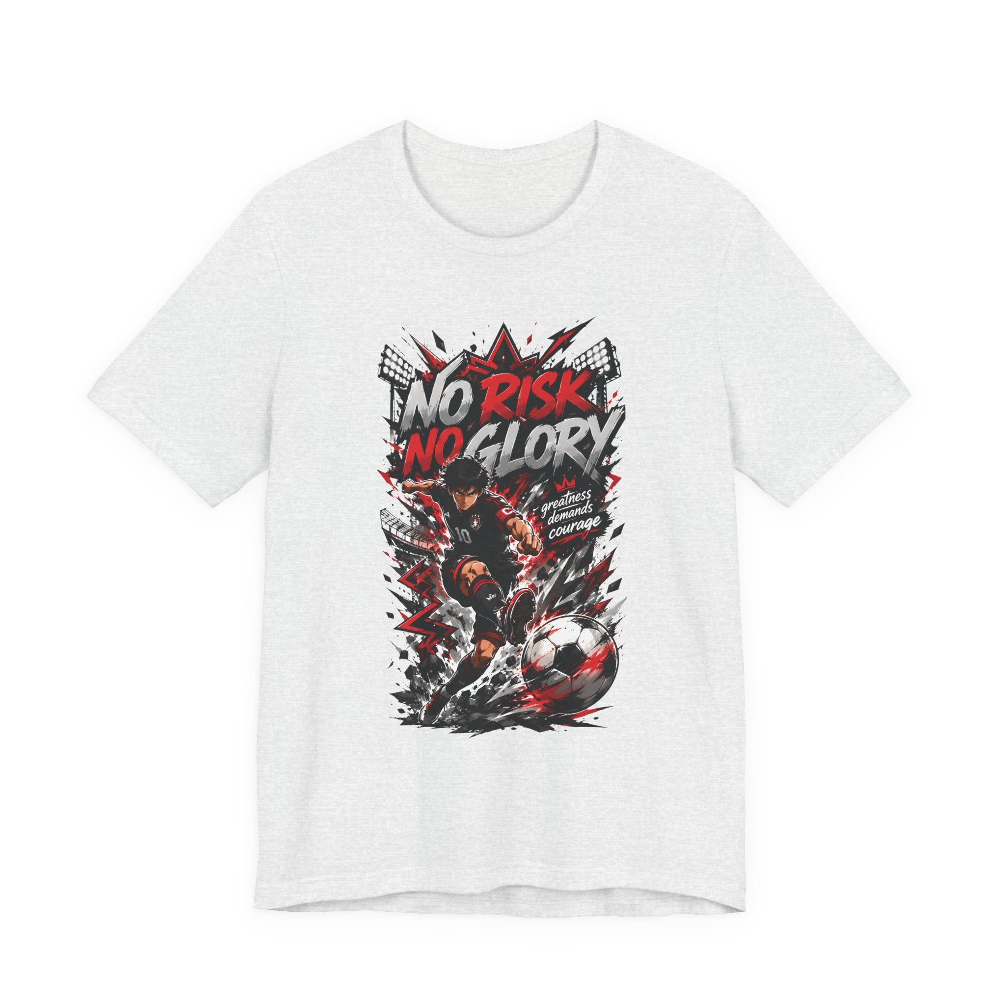 No Risk No Glory Soccer T-Shirt — Dynamic Football Player Graphic Tee