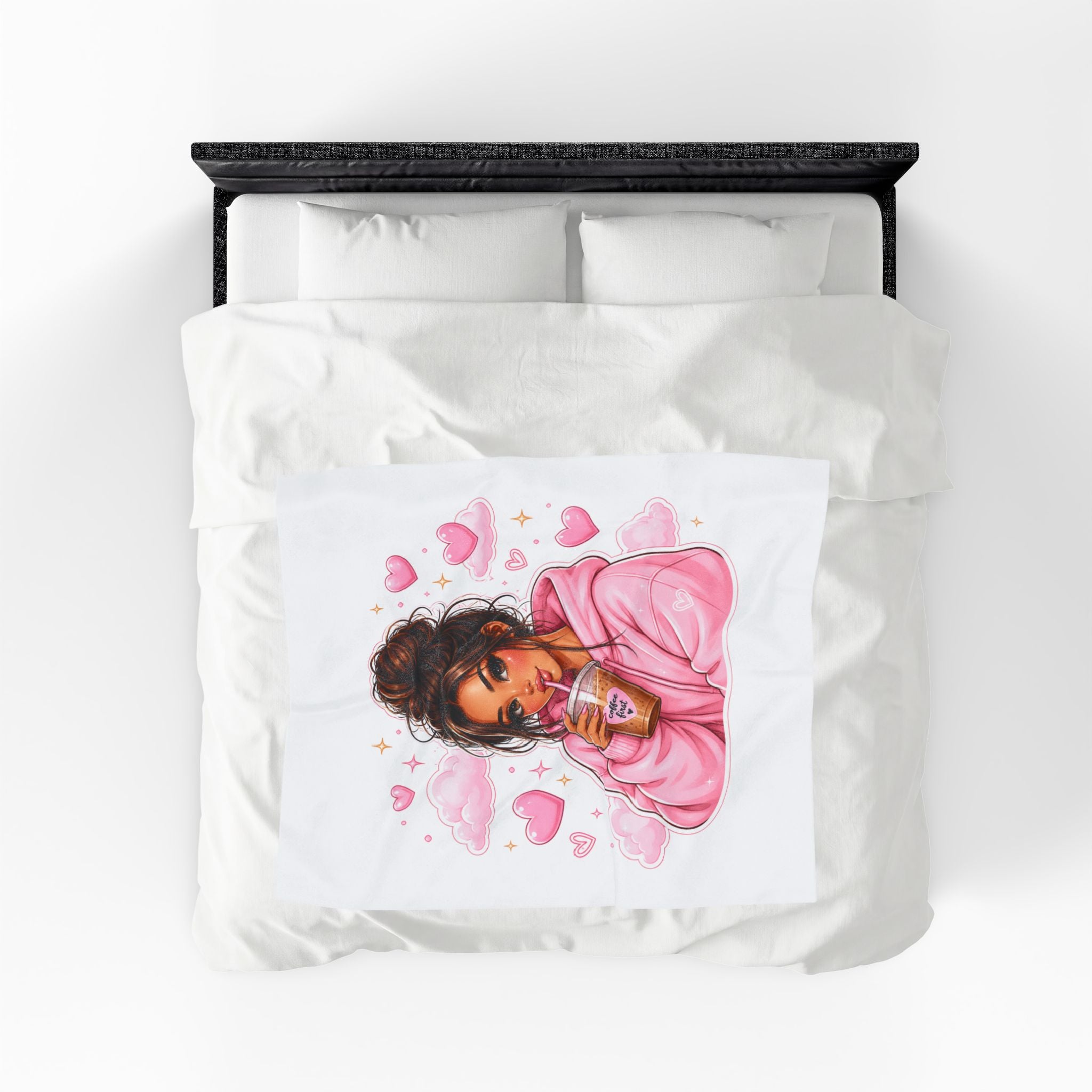 Velveteen Plush Blanket — Cozy Pink Hoodie Girl with Coffee Illustration