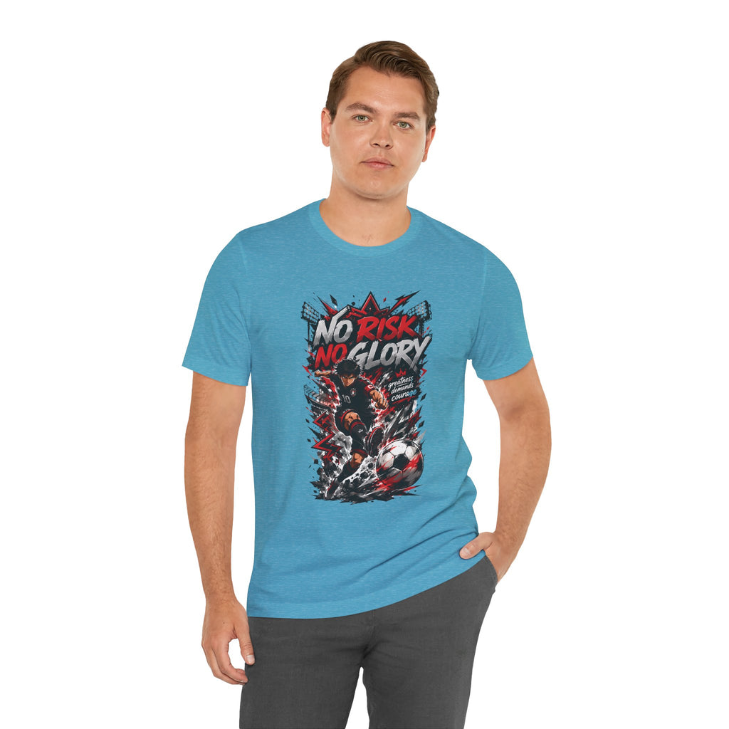 No Risk No Glory Soccer T-Shirt — Dynamic Football Player Graphic Tee