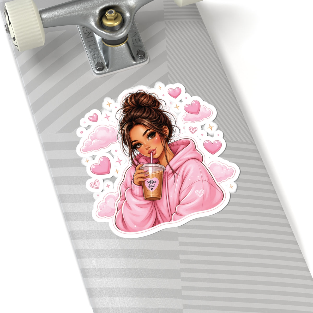 Cute Girl Sipping Coffee Sticker — Pink Hoodie Kiss-Cut Vinyl Decal