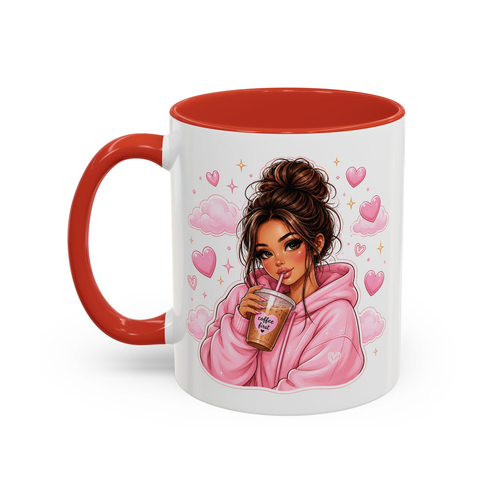 Cute Girl Pink Hoodie Coffee Mug — Iced Coffee Aesthetic Accent Mug (11/15oz)