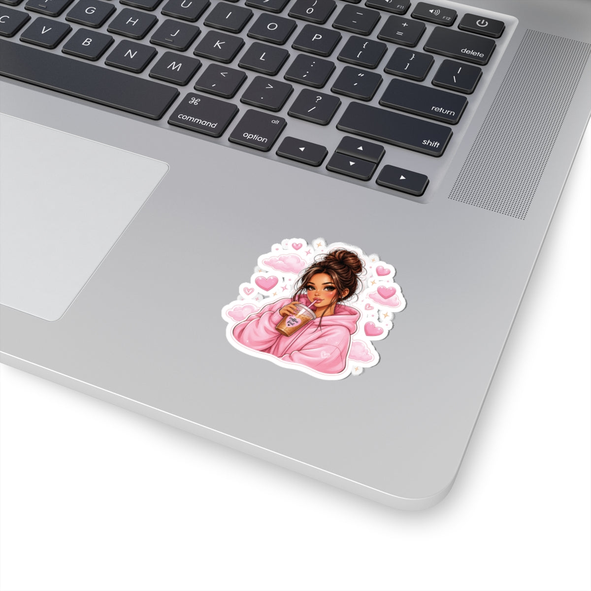 Cute Girl Sipping Coffee Sticker — Pink Hoodie Kiss-Cut Vinyl Decal