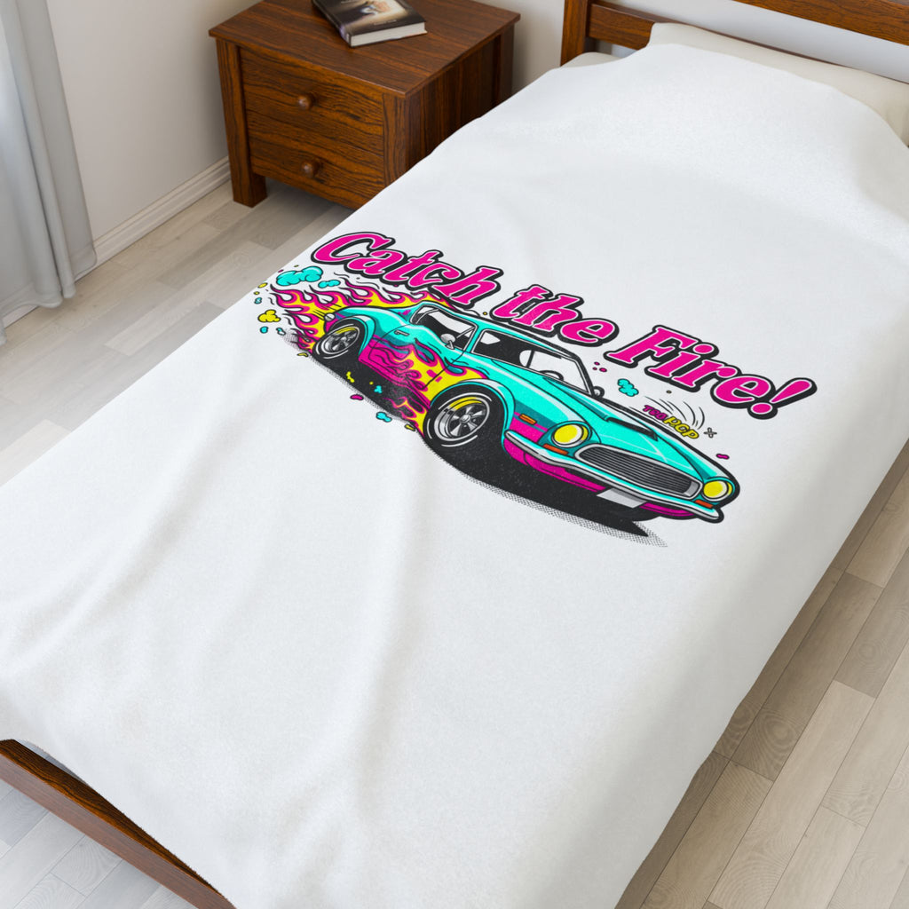 Catch the Fire Retro Cartoon Car Velveteen Plush Blanket | racing flame, vintage car illustration