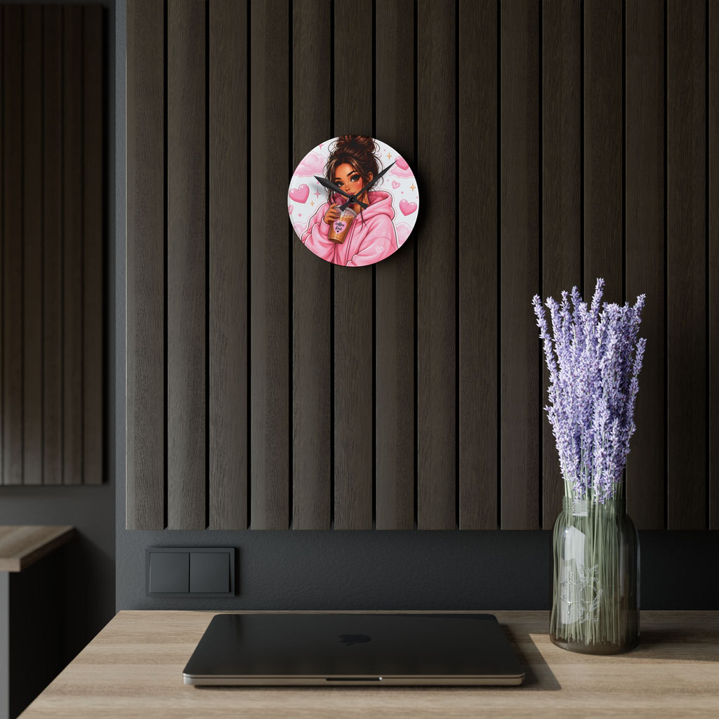 Cozy Pink Hoodie Girl Acrylic Wall Clock