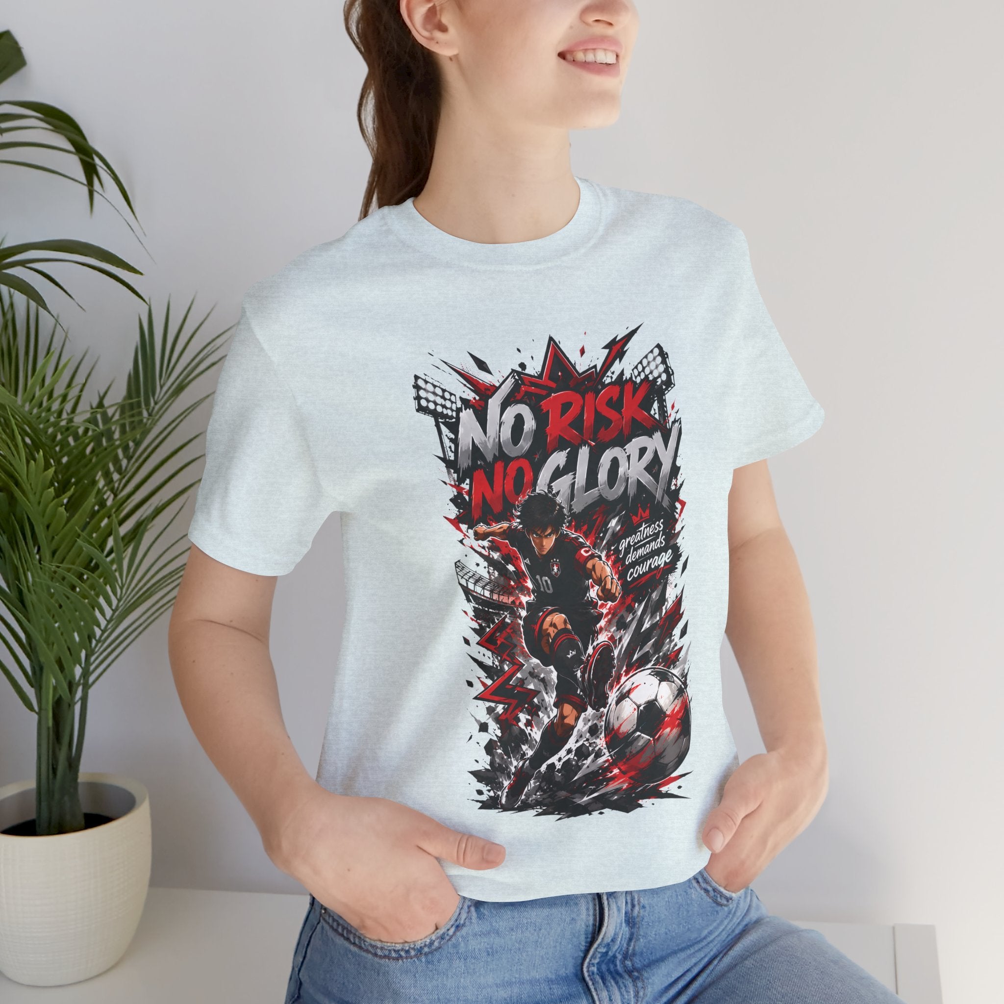 No Risk No Glory Soccer T-Shirt — Dynamic Football Player Graphic Tee
