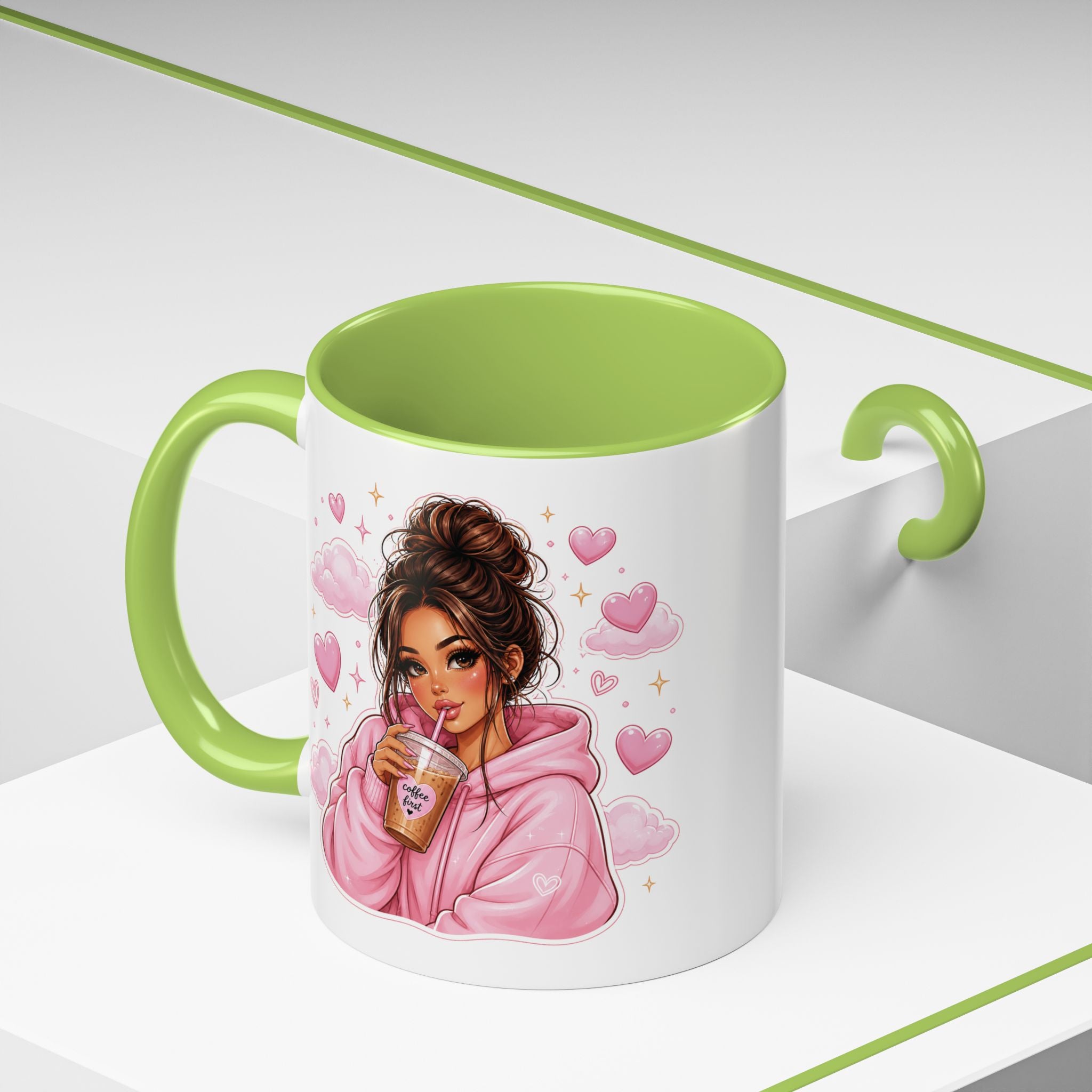 Cute Girl Pink Hoodie Coffee Mug — Iced Coffee Aesthetic Accent Mug (11/15oz)