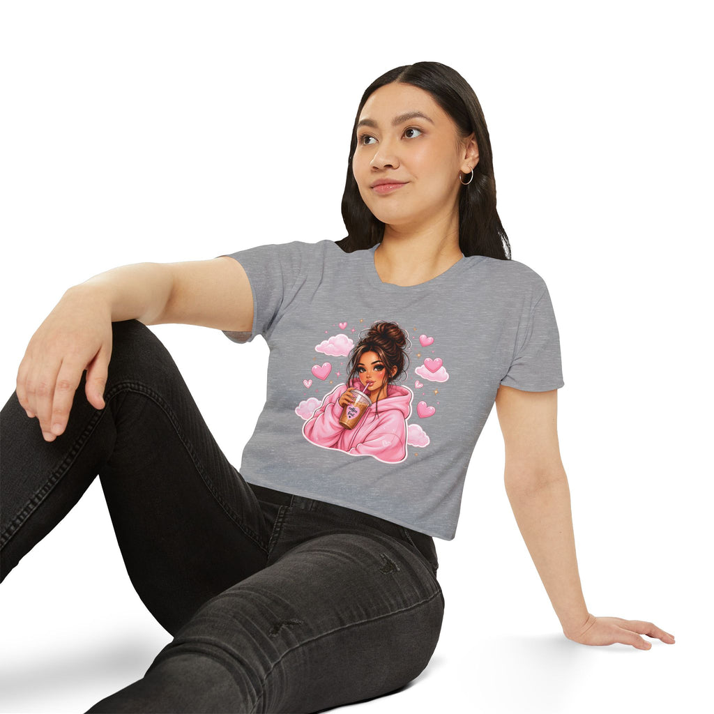 Women's Crop Top — Cute Pink Hoodie Girl Drinking Boba Illustration