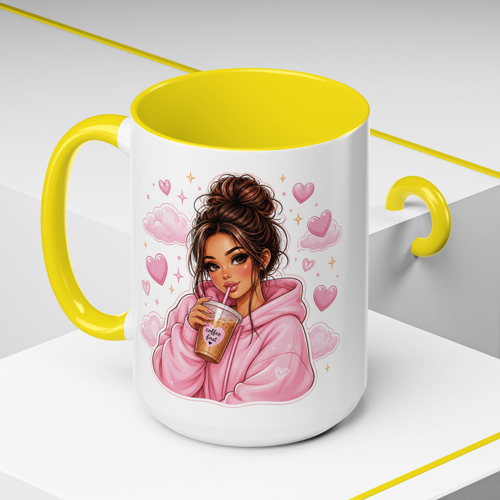 Cute Girl Pink Hoodie Coffee Mug — Iced Coffee Aesthetic Accent Mug (11/15oz)
