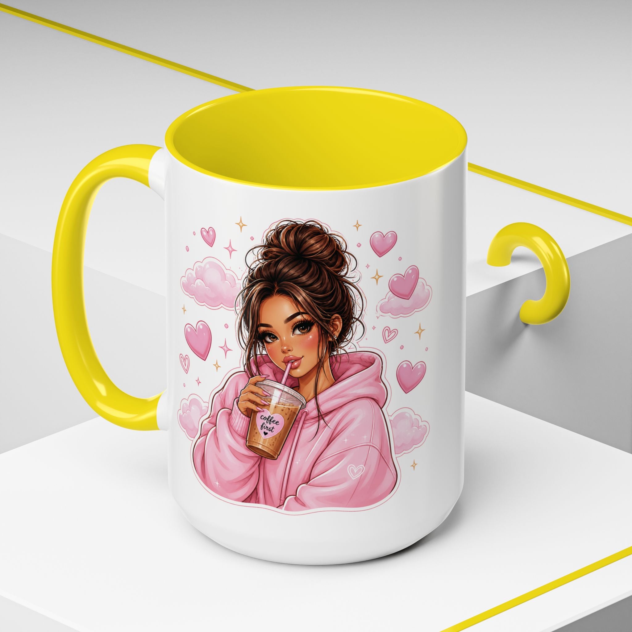 Cute Girl Pink Hoodie Coffee Mug — Iced Coffee Aesthetic Accent Mug (11/15oz)