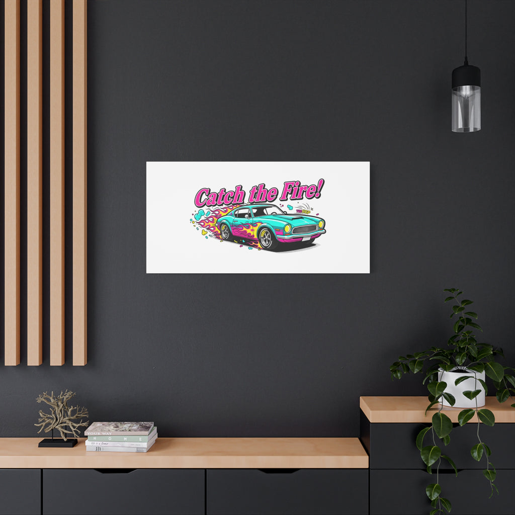 Catch the Fire Retro Car Canvas | Cartoon Racing Flame, Vintage Car Illustration