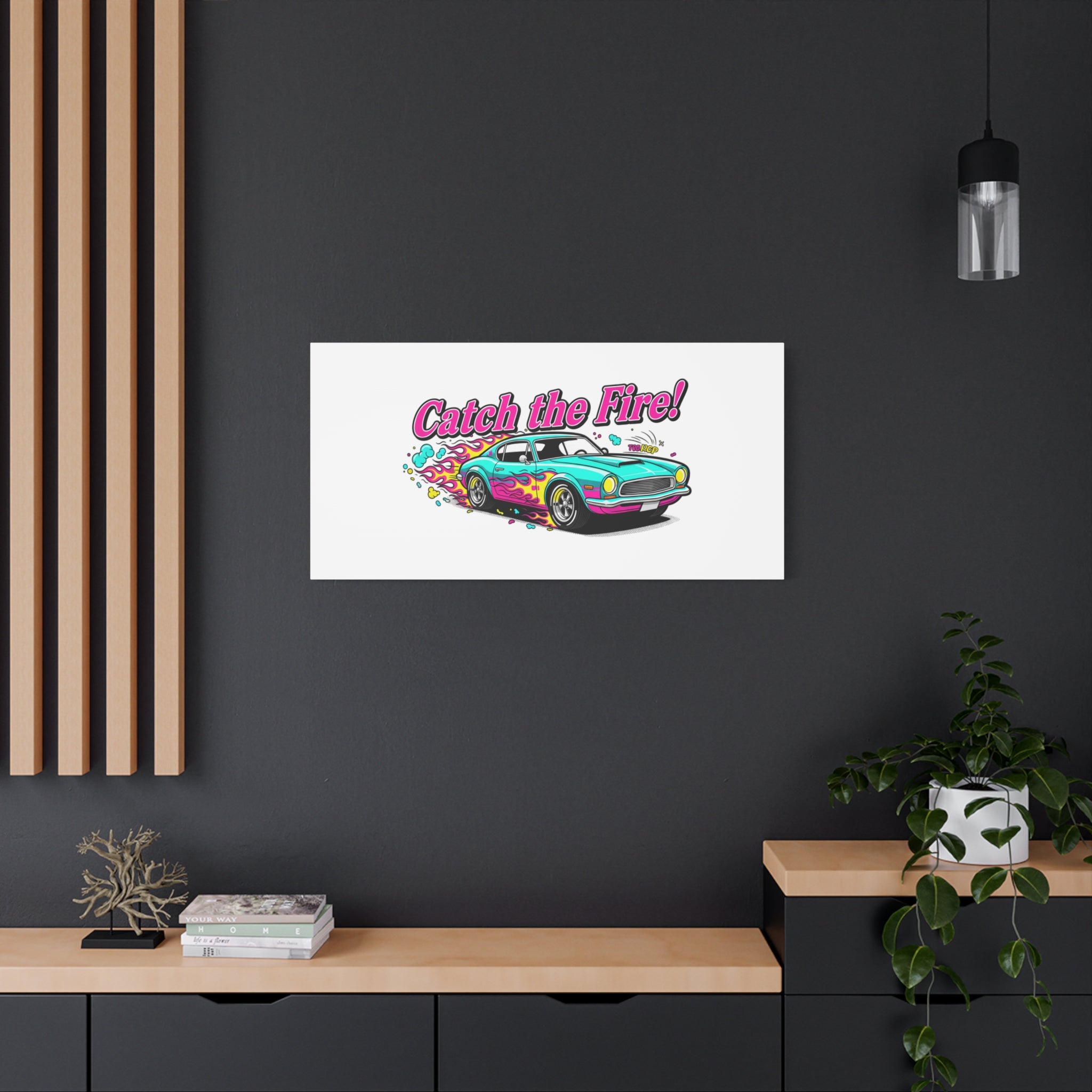 Catch the Fire Retro Car Canvas | Cartoon Racing Flame, Vintage Car Illustration