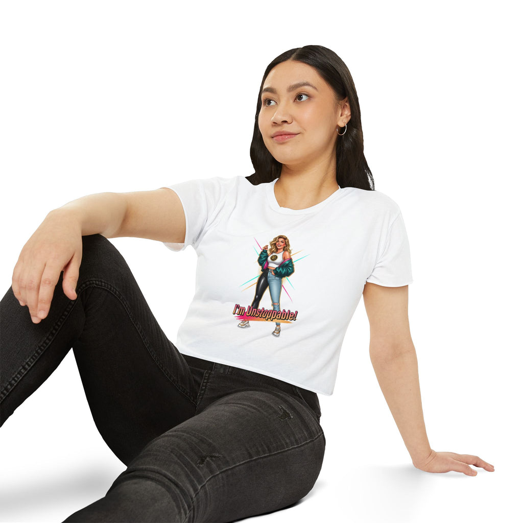 Women’s Festival Crop Top — “I’m Unstoppable!” Retro 80s Empowerment Tee