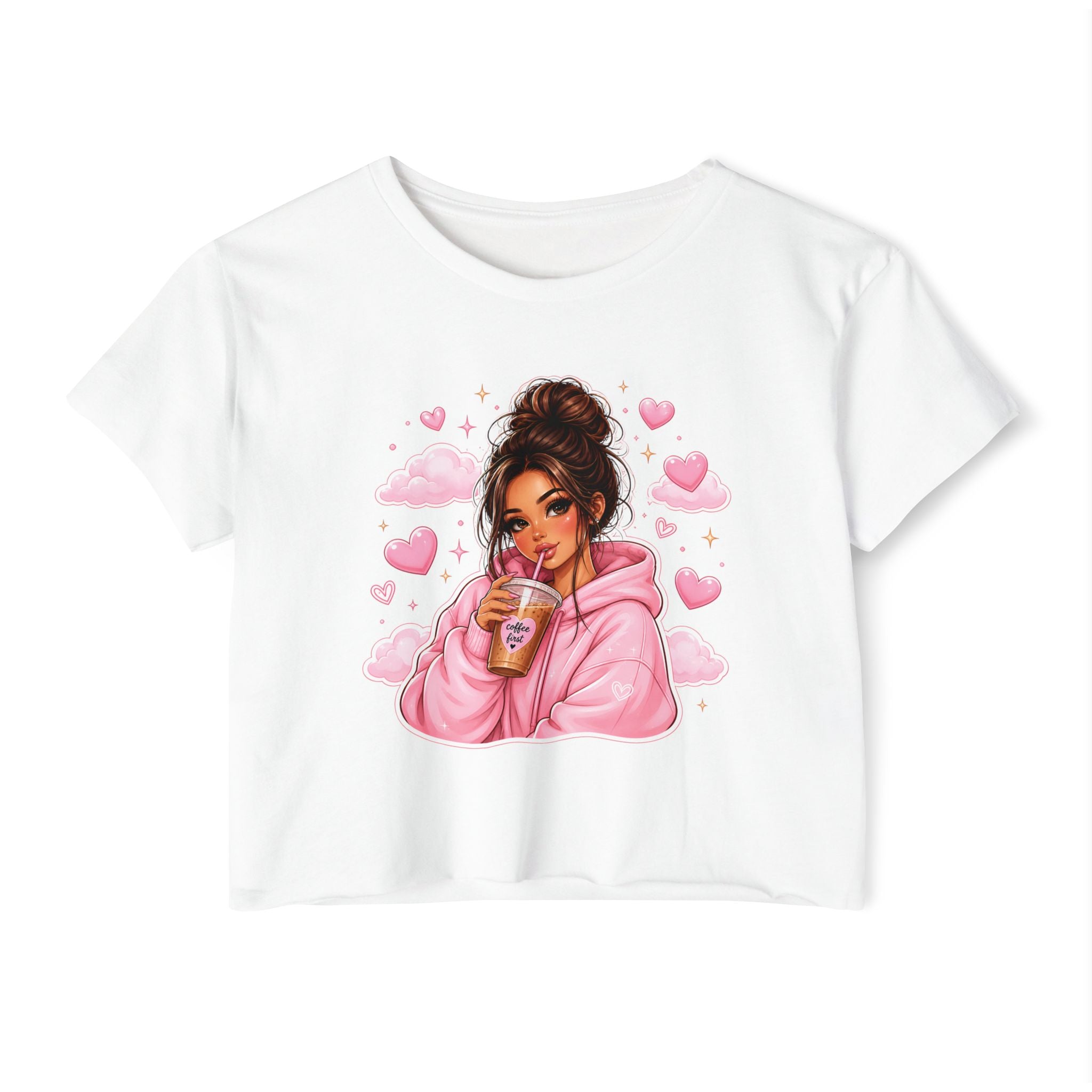 Women's Crop Top — Cute Pink Hoodie Girl Drinking Boba Illustration