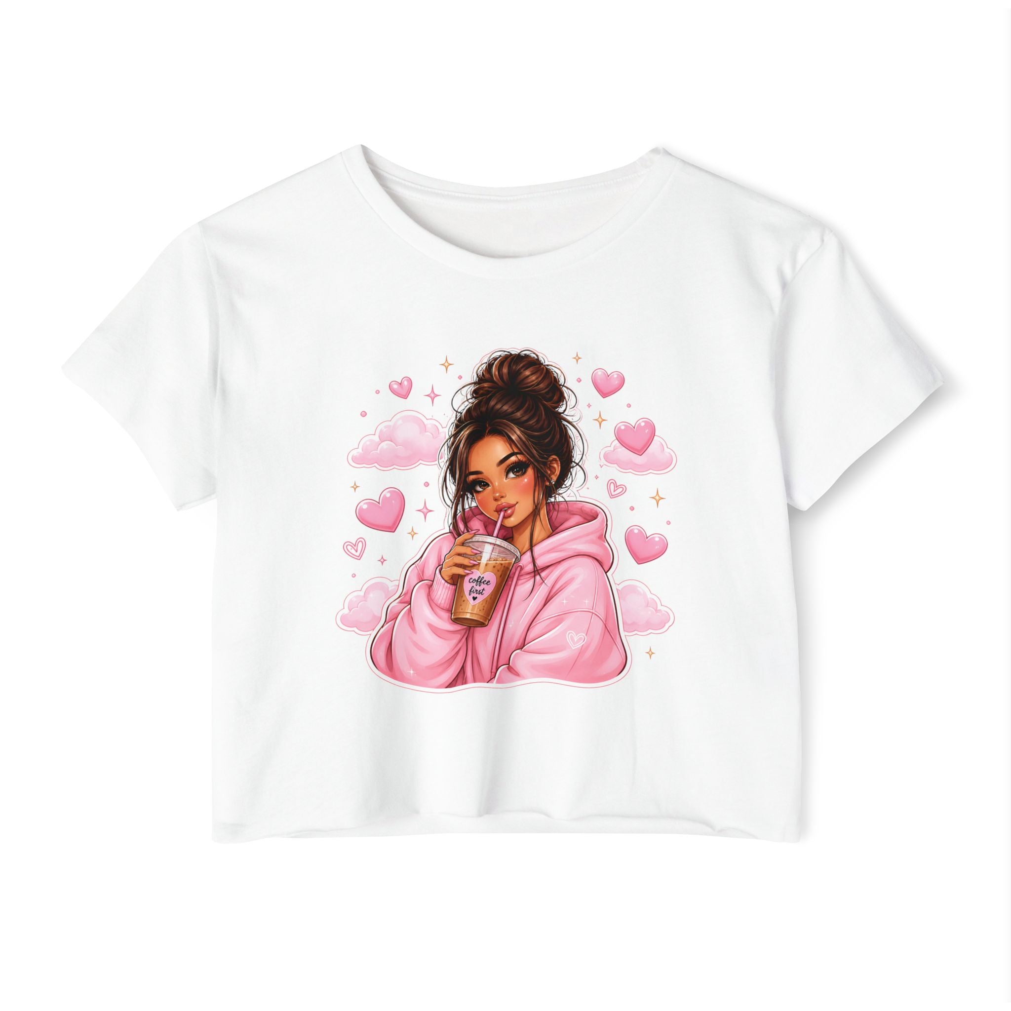 Women's Crop Top — Cute Pink Hoodie Girl Drinking Boba Illustration