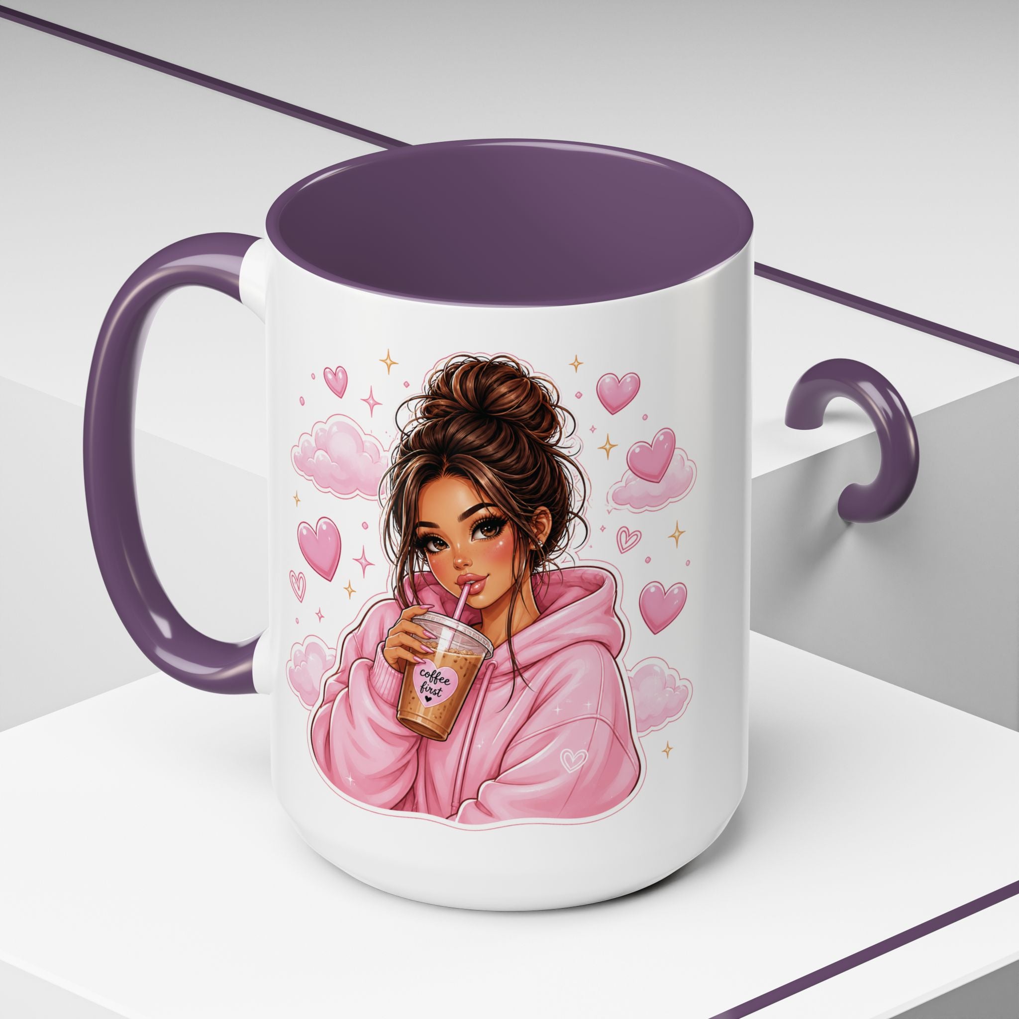 Cute Girl Pink Hoodie Coffee Mug — Iced Coffee Aesthetic Accent Mug (11/15oz)
