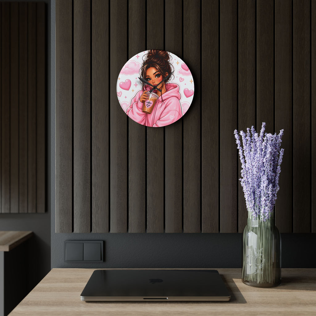 Cozy Pink Hoodie Girl Acrylic Wall Clock