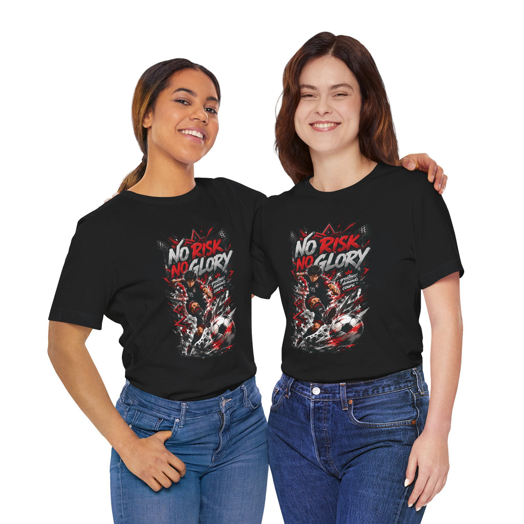 No Risk No Glory Soccer T-Shirt — Dynamic Football Player Graphic Tee