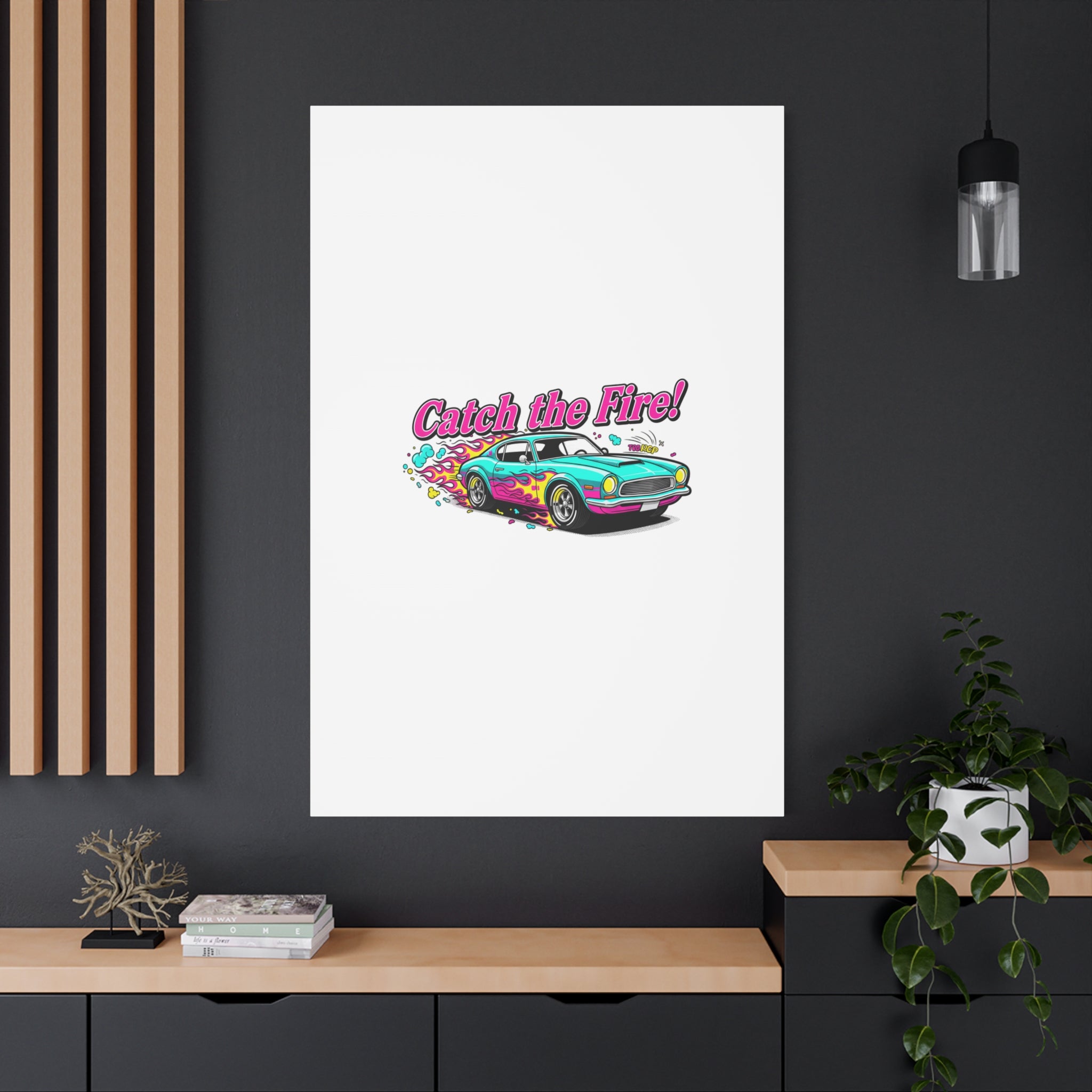 Catch the Fire Retro Car Canvas | Cartoon Racing Flame, Vintage Car Illustration
