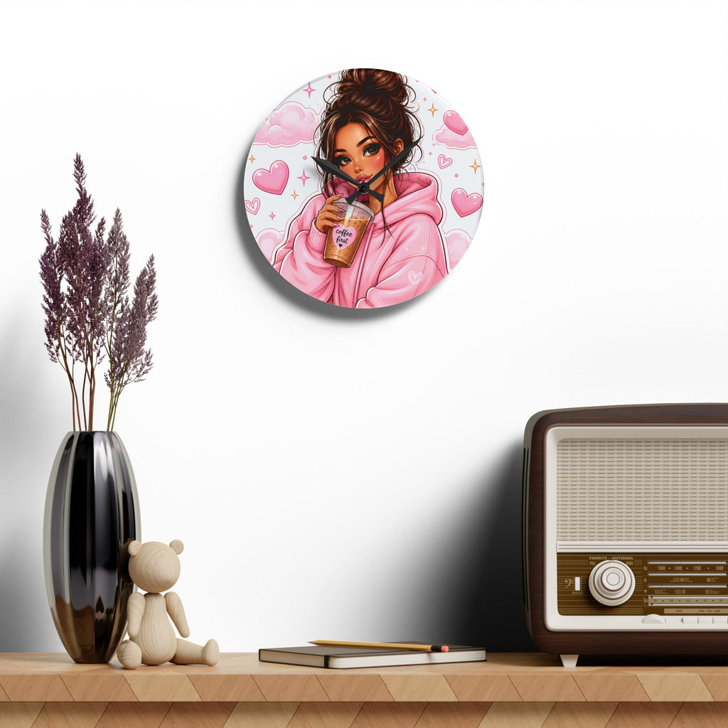 Cozy Pink Hoodie Girl Acrylic Wall Clock