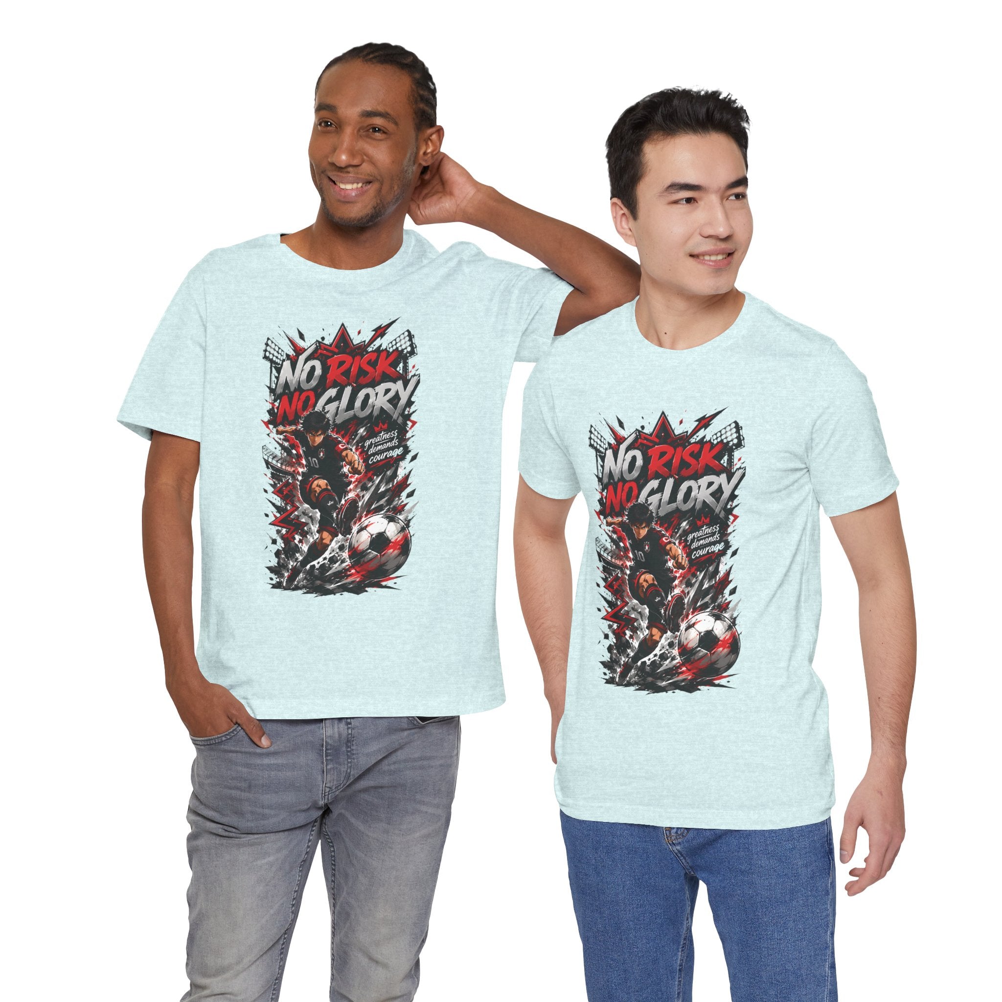 No Risk No Glory Soccer T-Shirt — Dynamic Football Player Graphic Tee