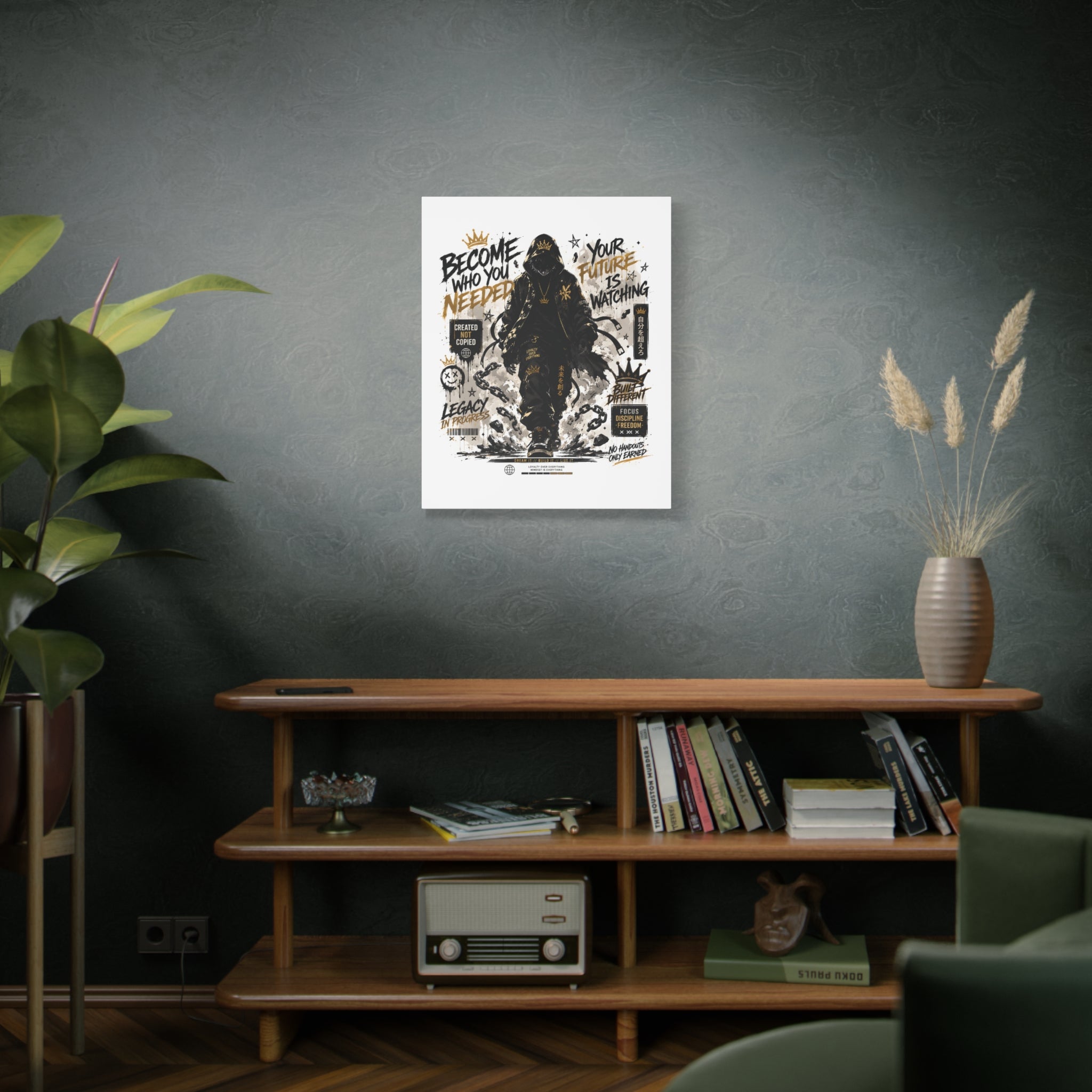 Motivational Street Art Canvas — "Become Who You Needed" Stretched Matte Print