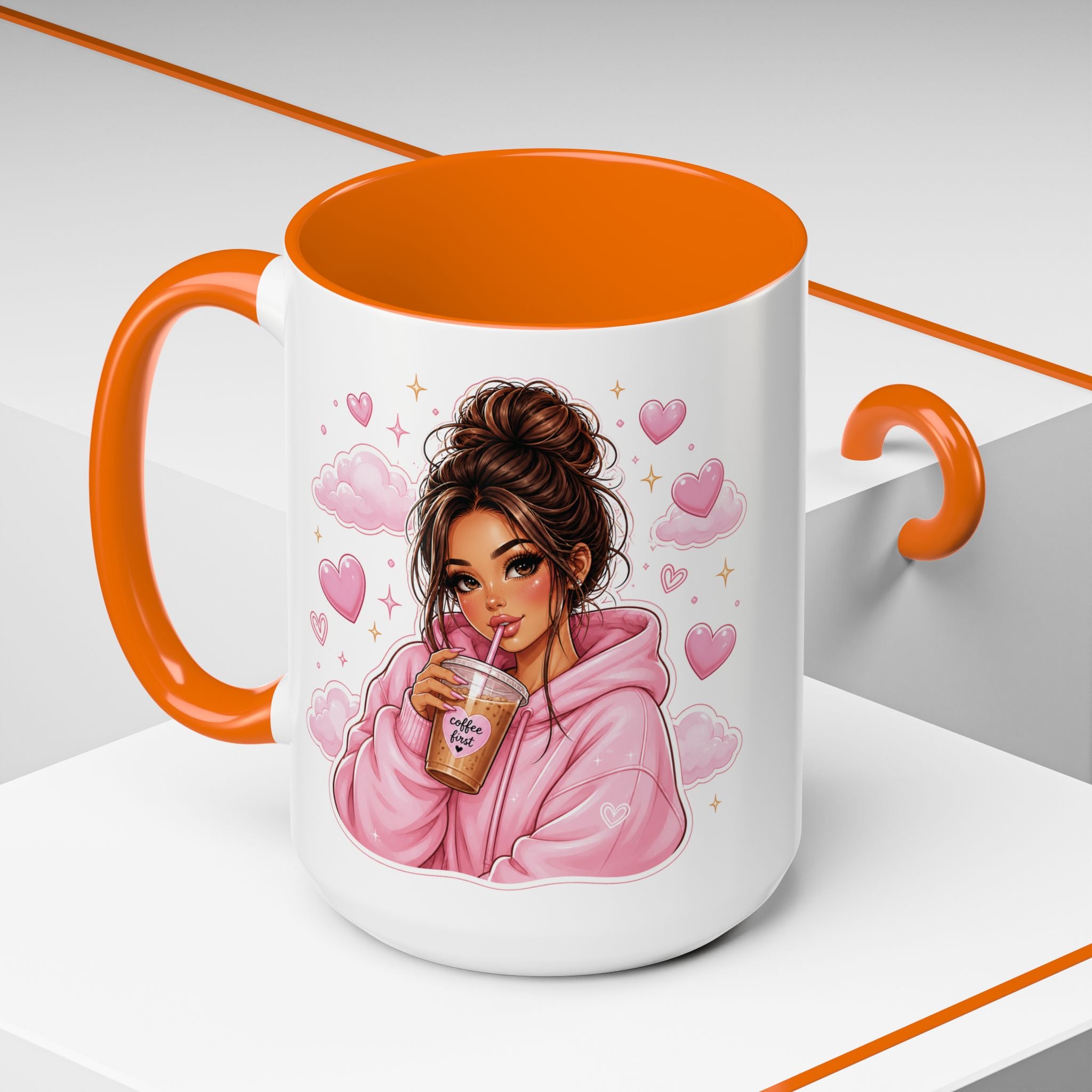 Cute Girl Pink Hoodie Coffee Mug — Iced Coffee Aesthetic Accent Mug (11/15oz)