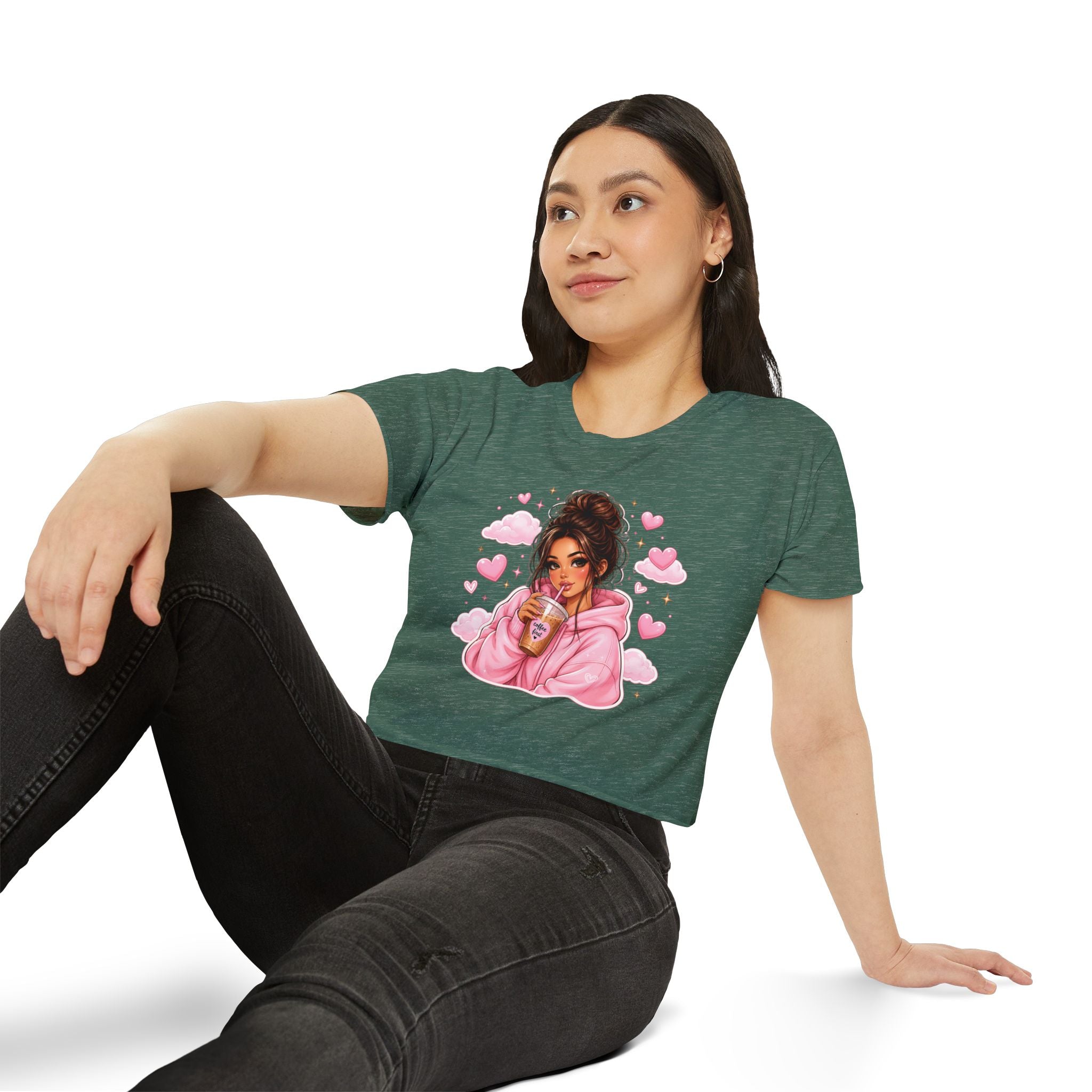 Women's Crop Top — Cute Pink Hoodie Girl Drinking Boba Illustration