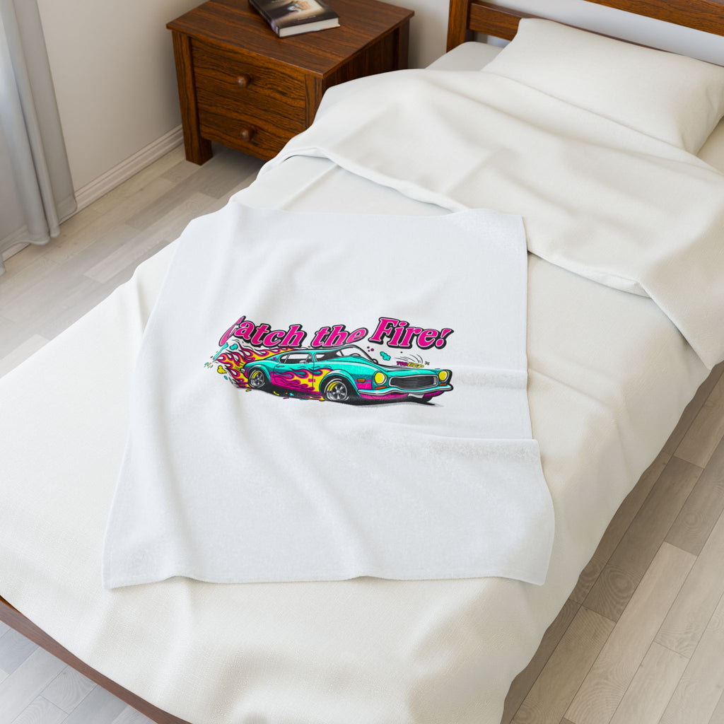 Catch the Fire Retro Cartoon Car Velveteen Plush Blanket | racing flame, vintage car illustration