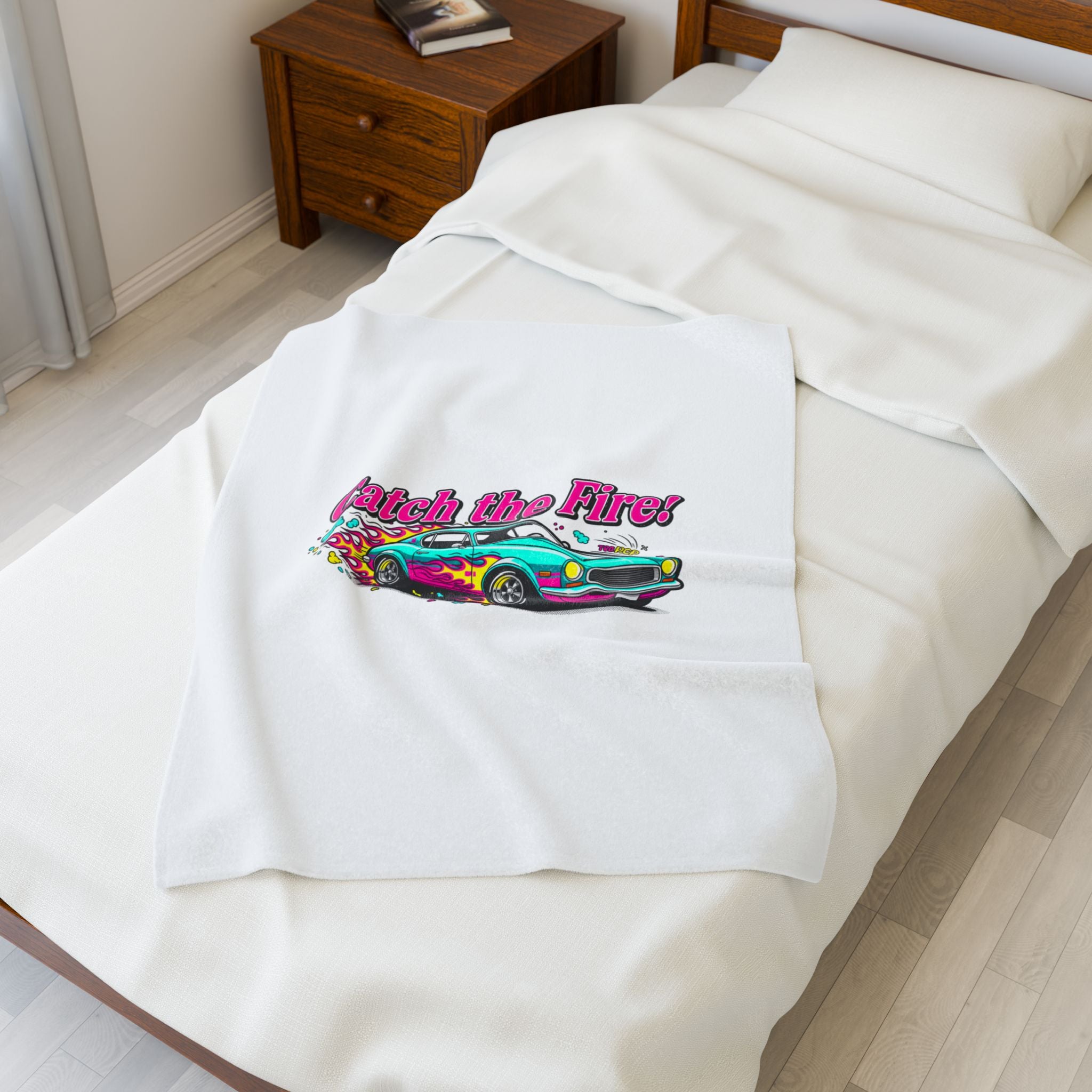 Catch the Fire Retro Cartoon Car Velveteen Plush Blanket | racing flame, vintage car illustration