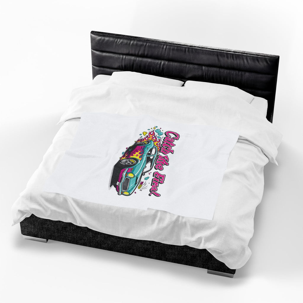 Catch the Fire Retro Cartoon Car Velveteen Plush Blanket | racing flame, vintage car illustration