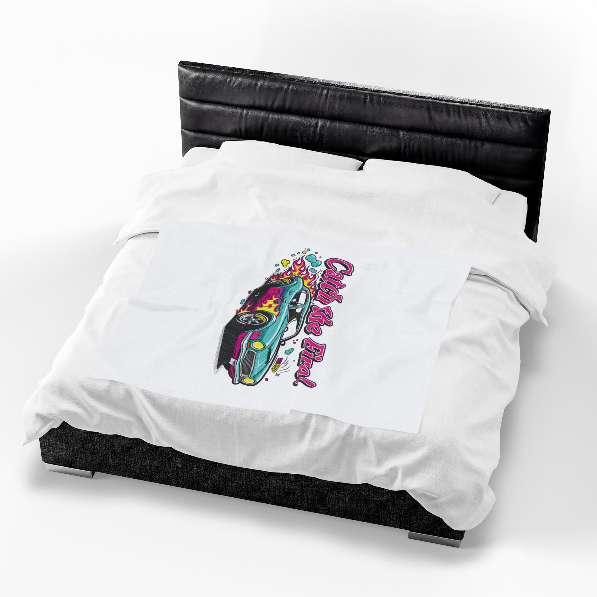 Catch the Fire Retro Cartoon Car Velveteen Plush Blanket | racing flame, vintage car illustration