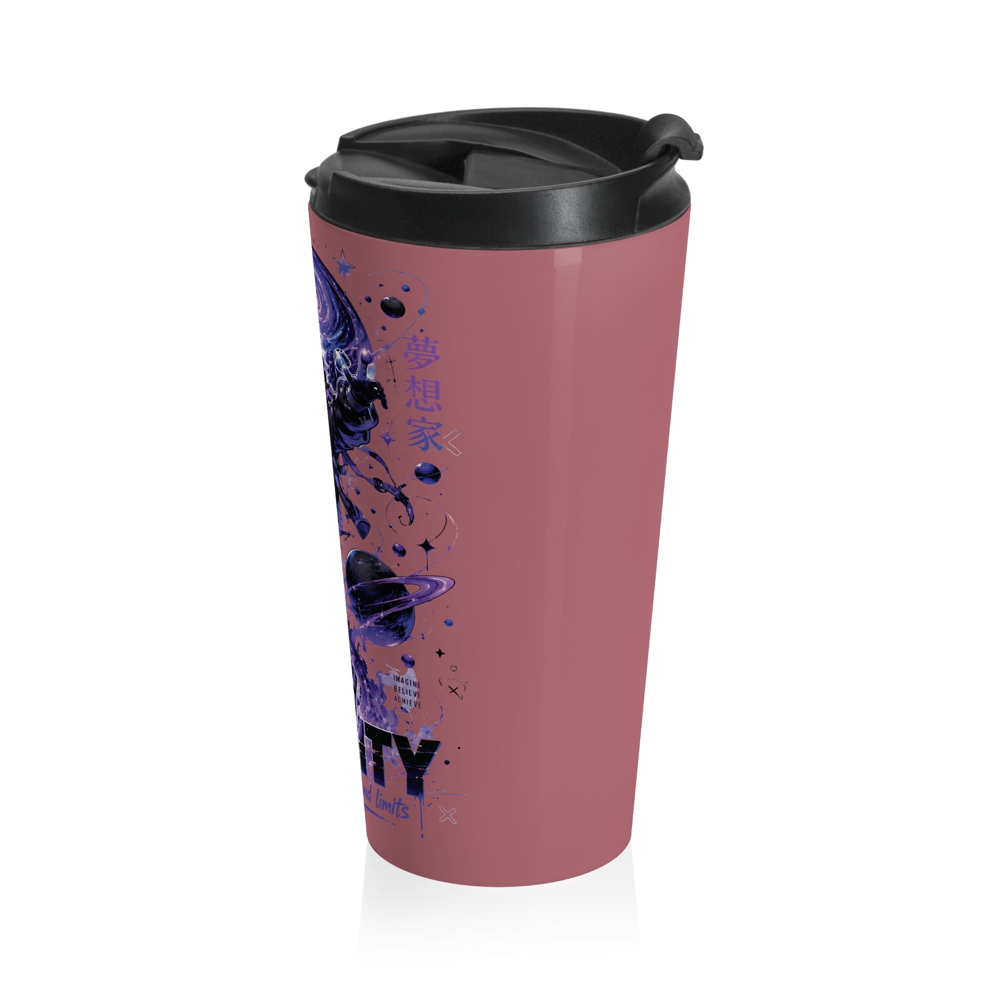 Cosmic Astronaut Travel Mug — "You Recreate Reality" Stainless Steel Tumbler (Rosegold)