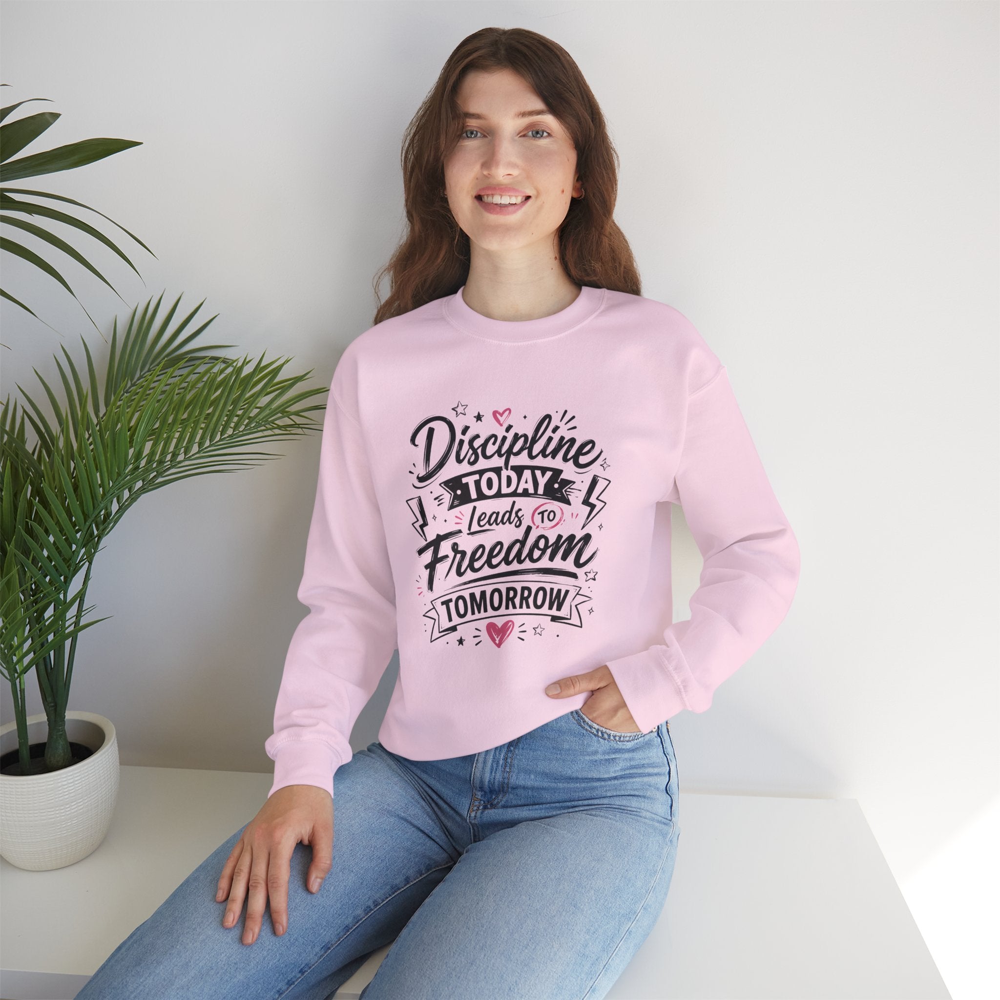 Crewneck Sweatshirt — "Discipline Today Leads to Freedom Tomorrow" Motivational Graphic