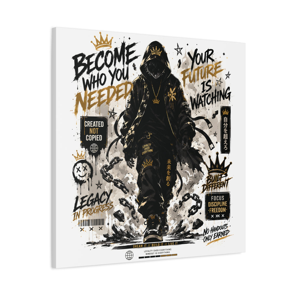 Motivational Street Art Canvas — "Become Who You Needed" Stretched Matte Print