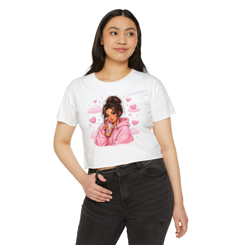 Women's Crop Top — Cute Pink Hoodie Girl Drinking Boba Illustration