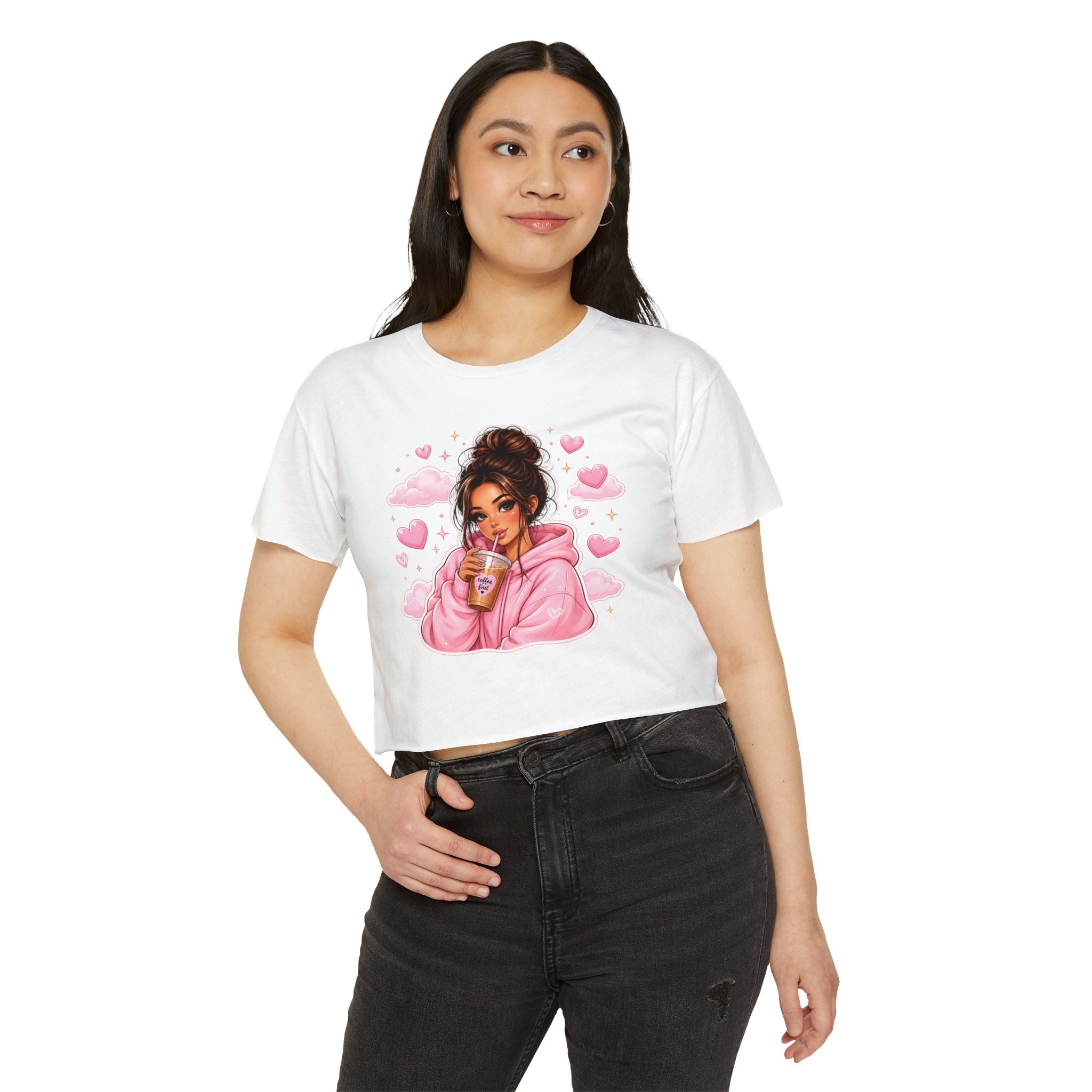 Women's Crop Top — Cute Pink Hoodie Girl Drinking Boba Illustration
