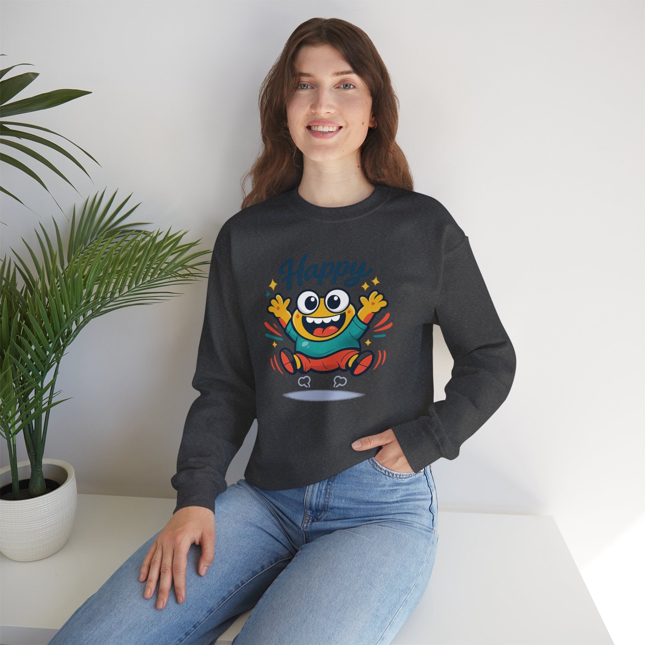 Happy Blob Cartoon Crewneck Sweatshirt | kawaii minimal, thick outline