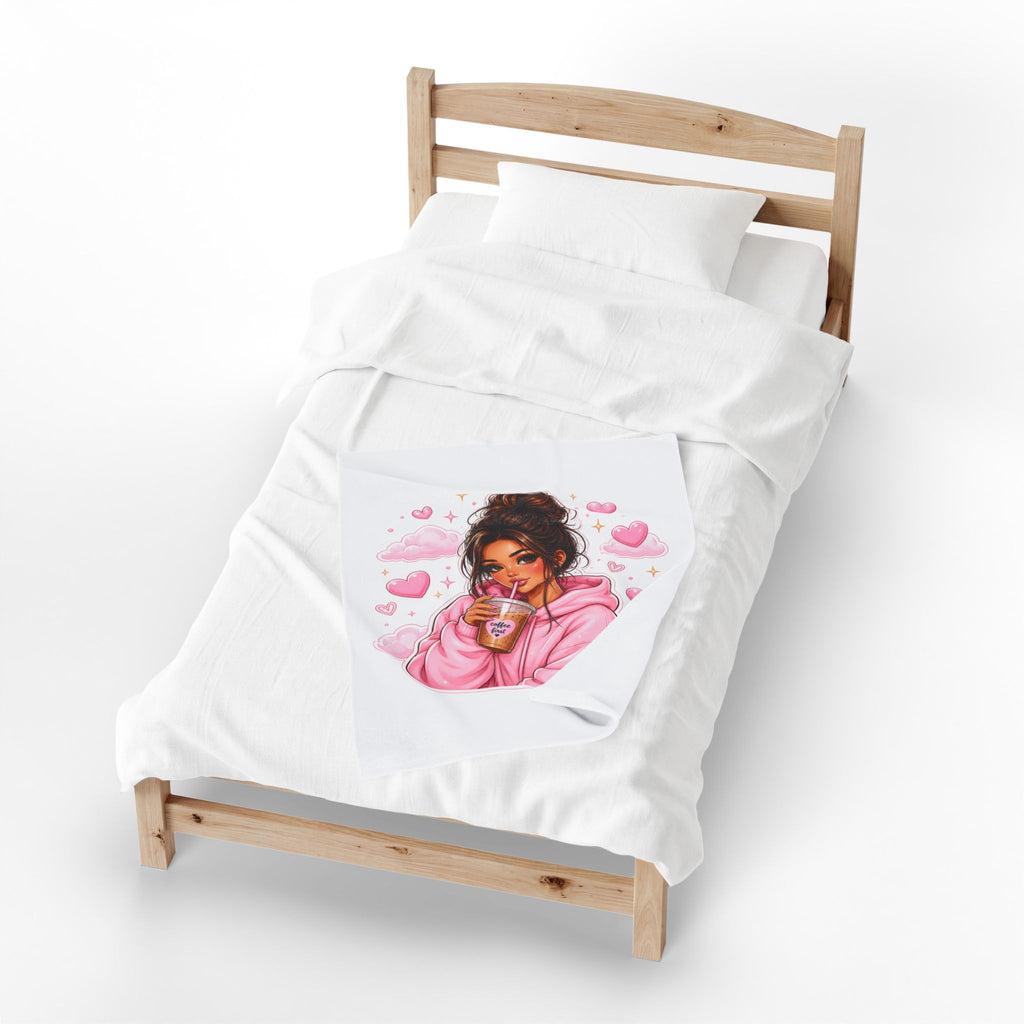 Velveteen Plush Blanket — Cozy Pink Hoodie Girl with Coffee Illustration