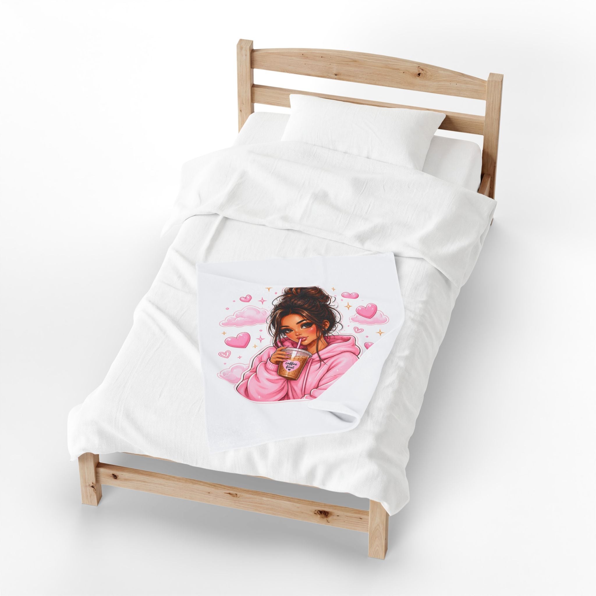 Velveteen Plush Blanket — Cozy Pink Hoodie Girl with Coffee Illustration