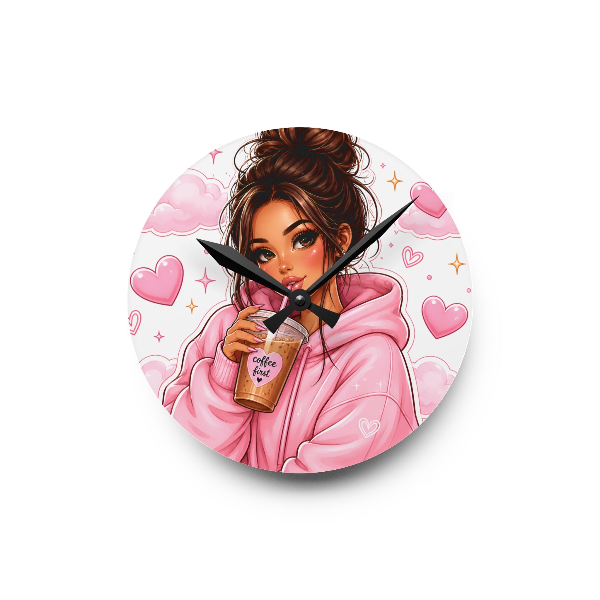 Cozy Pink Hoodie Girl Acrylic Wall Clock