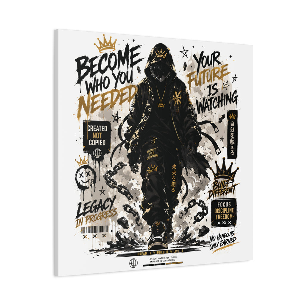 Motivational Street Art Canvas — "Become Who You Needed" Stretched Matte Print