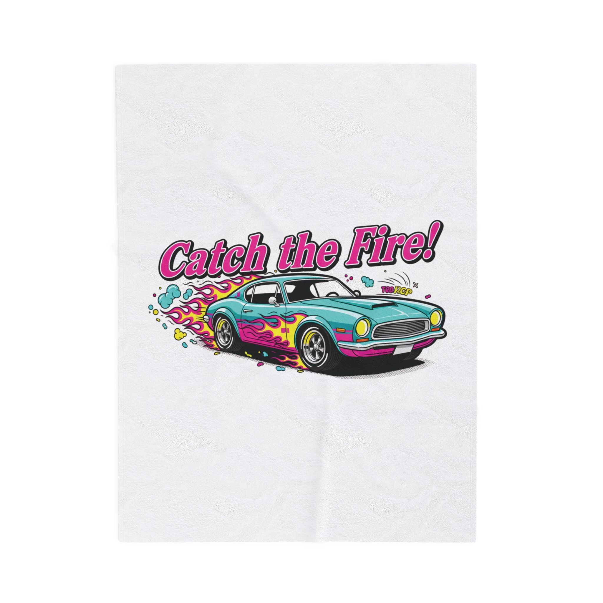 Catch the Fire Retro Cartoon Car Velveteen Plush Blanket | racing flame, vintage car illustration