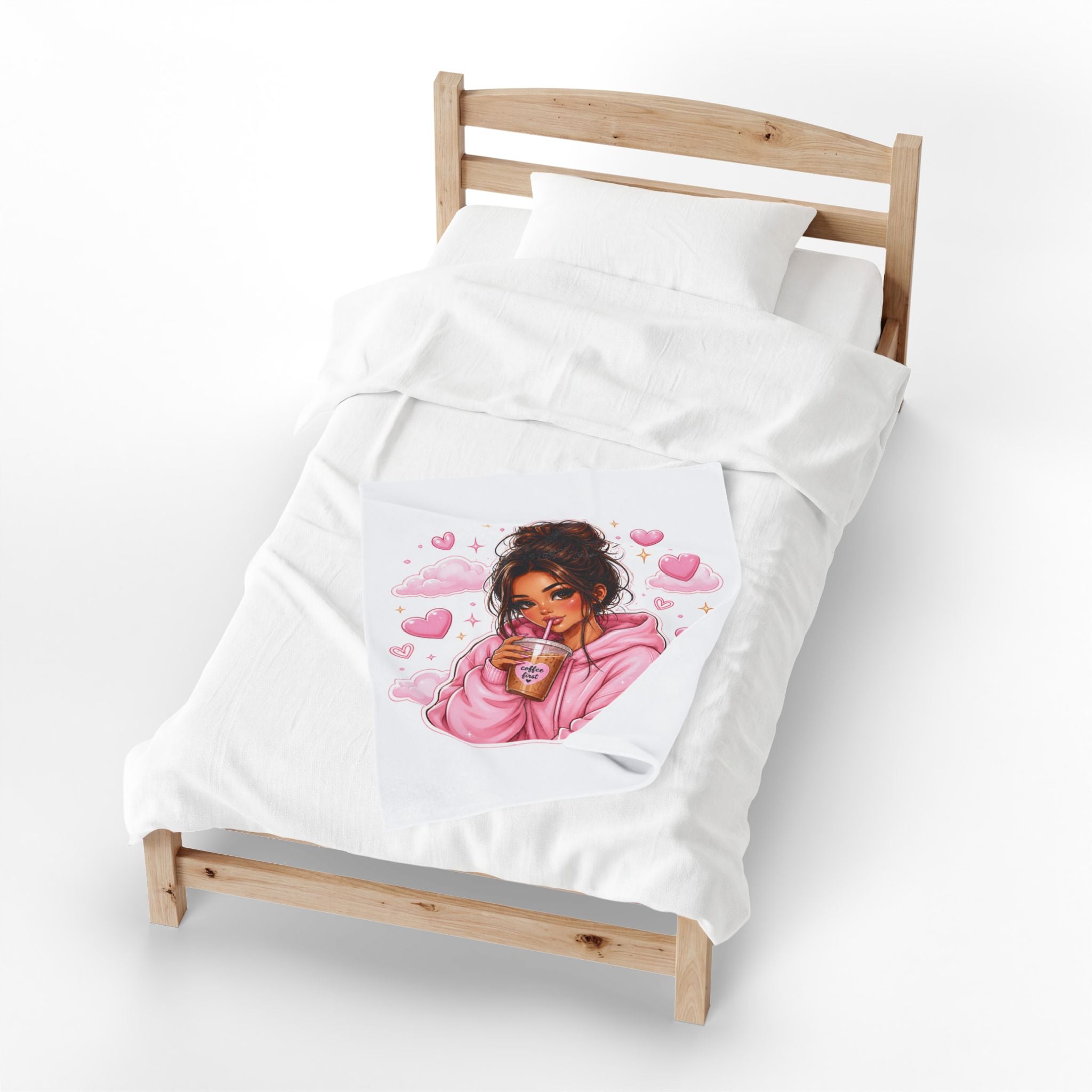 Velveteen Plush Blanket — Cozy Pink Hoodie Girl with Coffee Illustration